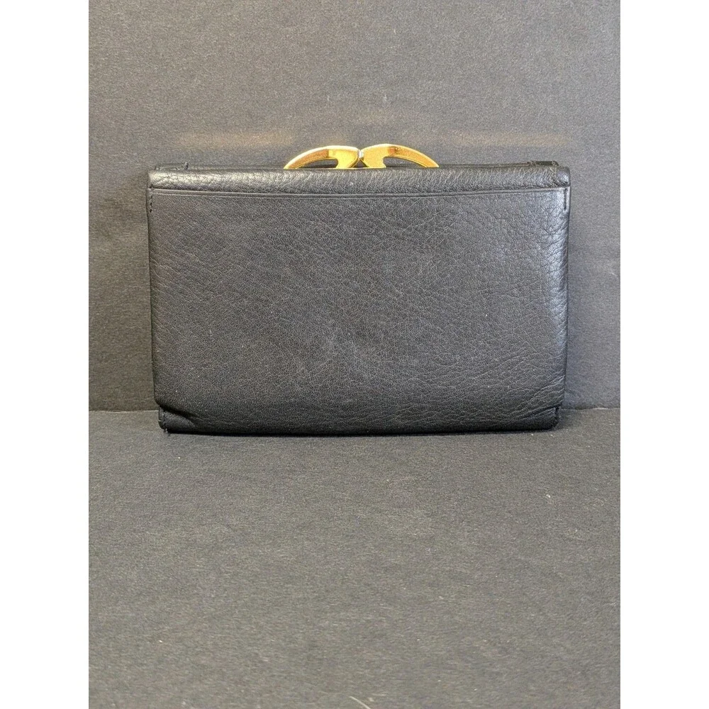 HCL Black Leather Kisslock Coin Pocket Credit Card Trifold Wallet - Vintage